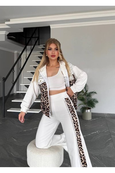 Bella Belluci Women's Quality Sequin Detailed Leopard Patterned Top and Bottom Tracksuit Set