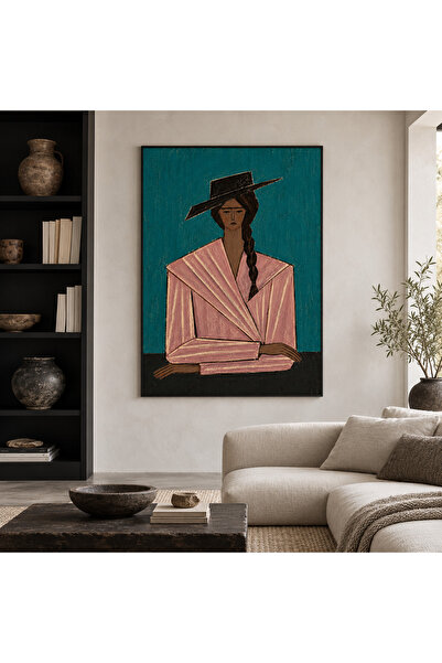 Pembe Ceket Şapkalı Kadın Portresi Kanvas Baskı Tablo 50x70 cm