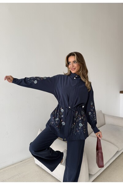 MİA NOURA Women's Front Sleeves with Bead Embroidery Tansel Fabric Bambir Ceken Pant Suit