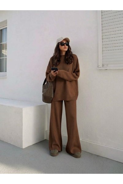 Lovely butik Set de tricotaje supradimensionate pentru femei, cu pulover cu gât rotund și pantaloni largi