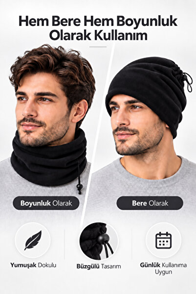 KAŞIKBEY Siyah Termal Polar Soğuk Geçirmez Unisex Boyunluk Ve Bere Olarak kul...