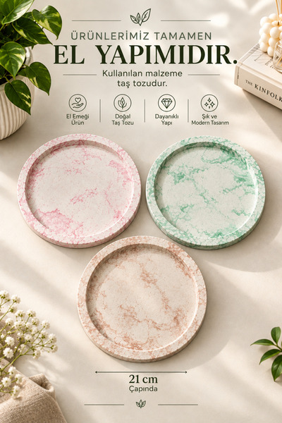 TUTACENTER Marble Patterned Presentation Tray Round Presentation Plate Presentation Plate 21 cm