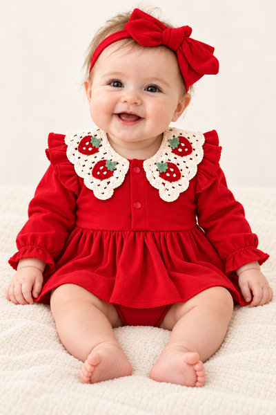 İZYALİF BABY Baby Girl Knitted Strawberry Collar Romper Dress Set 2-Piece Sna...