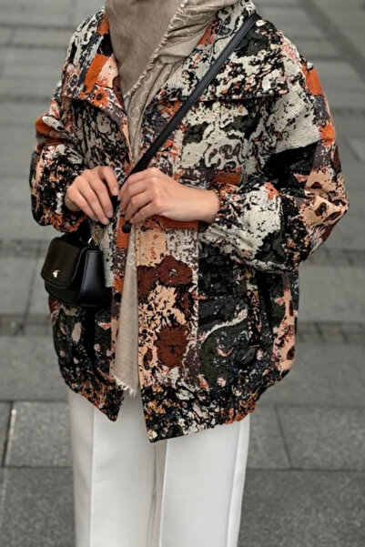 Mogi Butik Kadın Desenli Çıtçıt Kapama Dokuma Bomber Ceket 3252 - Premium Seri