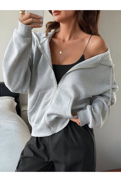HAI COLLECTİON Unisex Oversize Cotton Zippered Hooded Cardigan Sweatshirt Gray