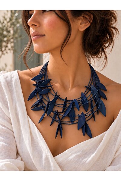 Kutcha Accessories Navy Blue Leather Leaf Multi-Strand Necklace