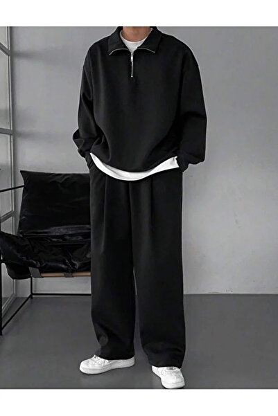 Harmandar Black High-Neck Oversize Wide-Leg Bottom and Top Tracksuit Set