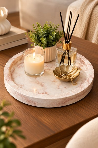 TUTACENTER Marble Patterned Presentation Tray Round Presentation Plate Presentation Plate 21 cm