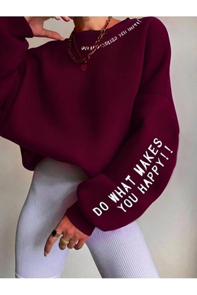 Harmandar Bordo Kadın Boyun ve Kol Baskı Detaylı Bisiklet Yaka Oversize Sweatshirt