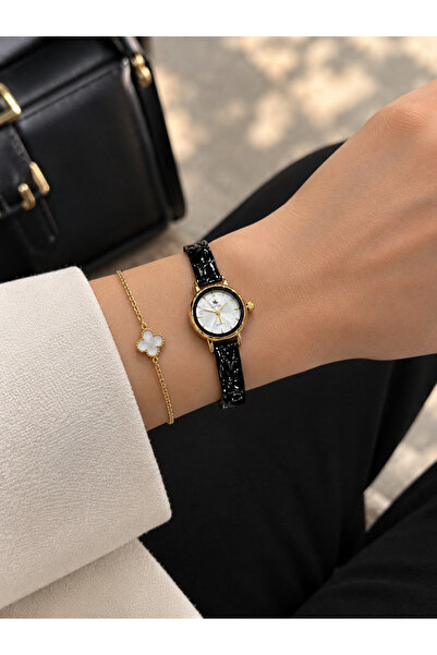 MODA Women's Wristwatch Black Patent Leather Band Gold Case Stylish Analog Quartz Watch
