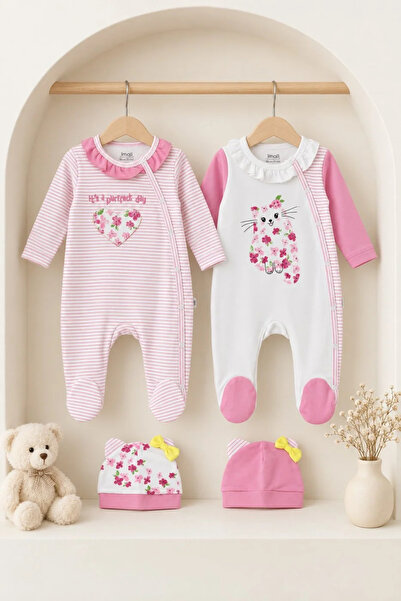 Tuğra Bebe Baby Girl 100% Cotton Ruffle Collar Cat Patterned Hat and Booties ...