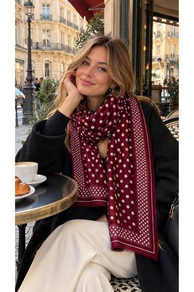 HAZAL KAYA ATELIER Burgundy Polka Dot Patterned Women's Shawl 90X180 cm