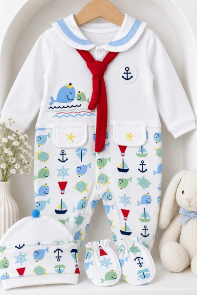 Tuğra Bebe Baby Boy 100% Cotton Sailor Collar Whale Patterned Hat and Glove Jumpsuit Set