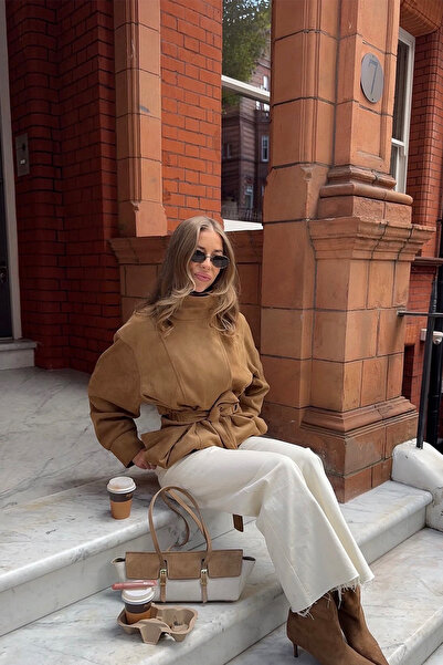 MyBella Imported Soft Textured Model Suede Jacket with Standing Collar and Be...
