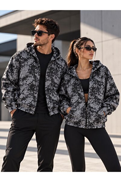 Risil-Nu Company New Season Unisex Batik Patterned Seasonal Kangaroo Pocket Hooded Full Zipper Jacket