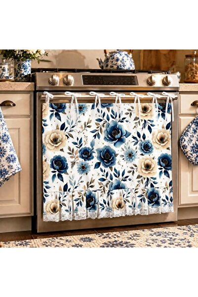 GENERAL Boho Navy Floral Oven Skirt 29 x 22 Inch Linen Oven Door Cover with P...