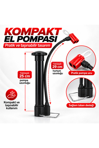 Mini El Pompası - Taşınabilir Bisiklet, Scooter ve Top Şişirme Pompası