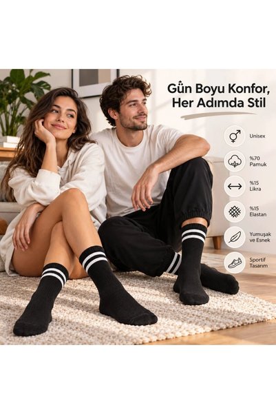 Mariposa Secret Black Socks with White Stripes, 3-Piece Set, Unisex, Long Soc...