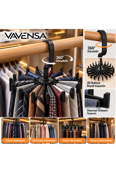 VAVENSA 20 Kancalı Döner Askı Kravat Şal Eşarp Kemer Düzenleyici Dolap İçi Or...
