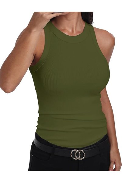 GENERAL GEMBERA Womens Sleeveless Racerback High Neck Casual Basic Cotton Rib...