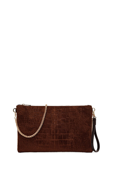 Derimod Women's Brown Chain Strap Printed Suede Portfolio Bag Ab57000590