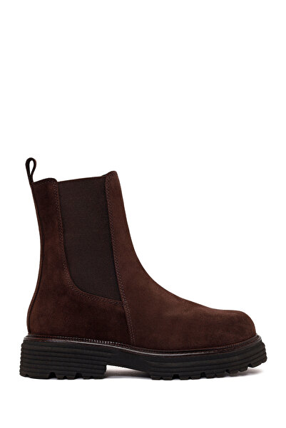 Derimod Women's Brown Thick-Soled Suede Leather Chelsea Boots Wf190047Ds