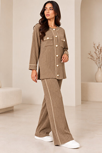 CNR TEKSTİL Women's Stone Stripe and Pearl Button Detailed Ribbed Knitwear Set