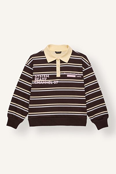 DeFacto Oversize Polo Collar Striped Printed Sweatshirt for Girls I8342A826Wn