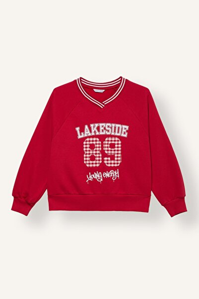 DeFacto Oversize V-Neck Soft Fuzzy Printed Sweatshirt for Girls I8348A826Wn
