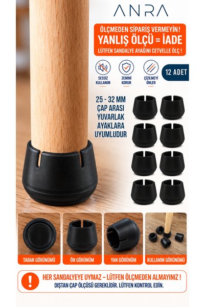 Anra 12 Ad 25-32 Mm Dayanıklı Kaliteli PVC Sandalye Ayak Pabucu Yuvarlak Zemi...