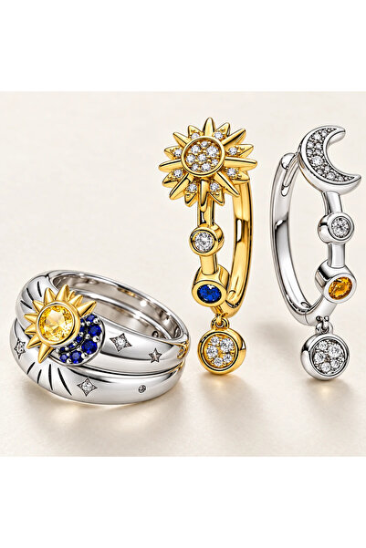 Belora Set Eclipsă: inel Univers și cercei Soare și Lună din metal elegant
