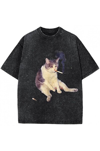 JANTIL MODA Vintage Acid Wash Μαύρο Oversize Μπλουζάκι Street Fashion με Αστε...