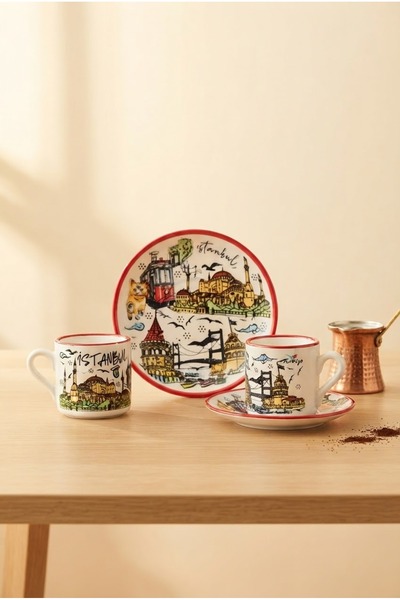 Generic Brand Istanbul Themed Ceramic Turkish Coffee Cup Set for 2 People