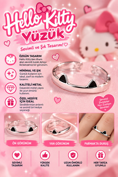 FG KONNİCHİWA Kitty Ring – Silver Color Cute Figured Ring with Bow Detail