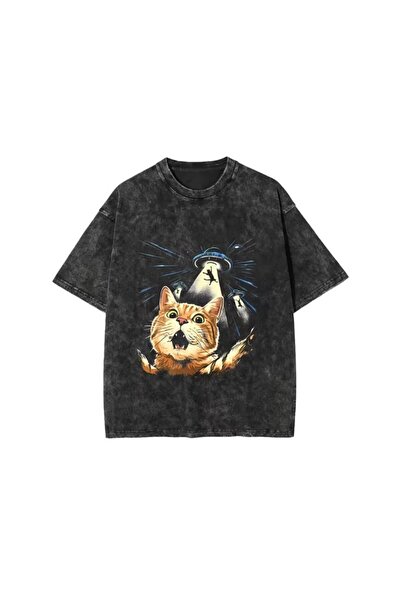 JANTIL MODA Tricou oversize negru, lavabil, cu imprimeu UFO și pisică confuză