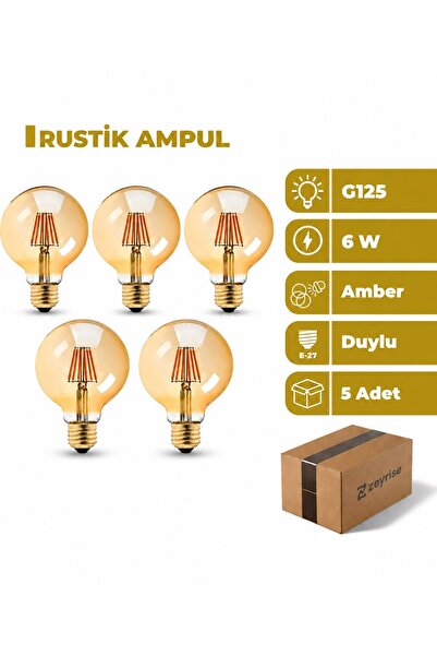 6W G125 E27 Duylu Rustik LED Ampul Amber Işık 5'li Paket
