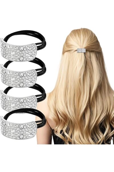 Lunira 4 Pcs Silver Rhinestone Ponytail Hair Ties, Sparkly Elastic Hair Bands...
