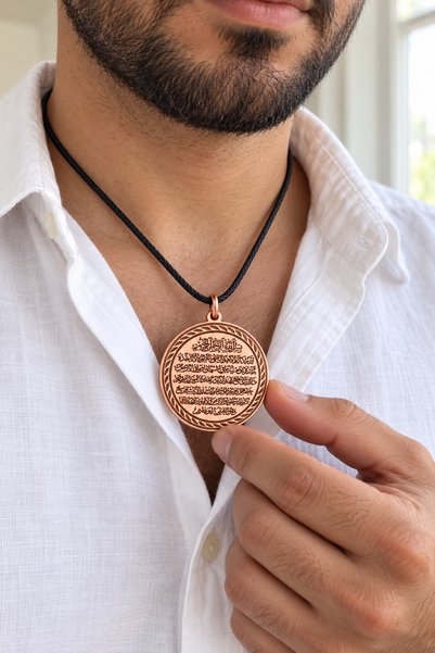 AYDESİA Ayetel Kürsi Written Copper Necklace Round Prayer Prayer Unisex Handmade 35 mm