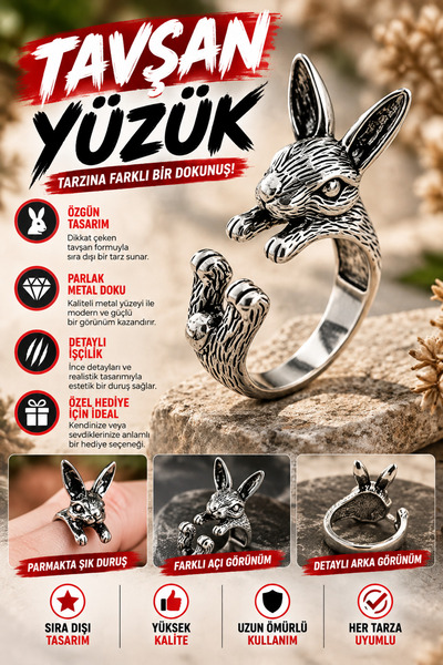 FG KONNİCHİWA Cute Rabbit Ring – Silver Color Design with 3D Rabbit Figure