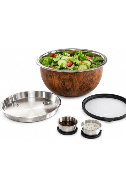 Voie Stainless Steel Salad Bowl Kit, Teakwood – Leak-Proof Food Container wit...