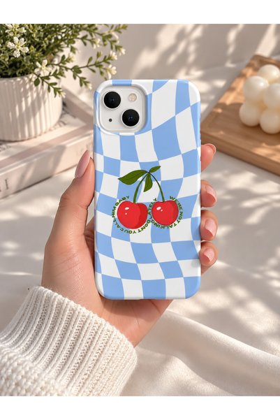 iPhone 13-14 Uyumlu Lansman Kareli Kiraz Desenli Telefon Kılıfı Zarif ve Şık Tasarım