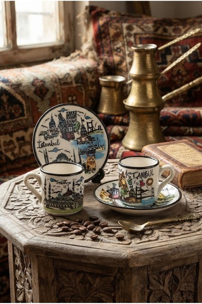 Generic Brand Istanbul Themed Ceramic Turkish Coffee Cup Set for 2 People