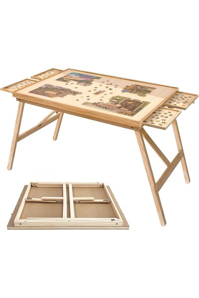 Generic Wooden Jigsaw Folding Puzzle Board with 4 Drawers, Wooden Puzzle Boad with Foldable Legs, 1500 Piece