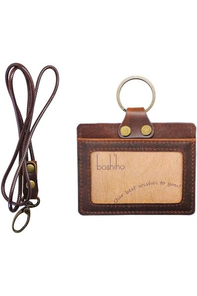 Generic Vertical Style Leather ID Card Badge Holder with Keychain Lanyard (Bl...