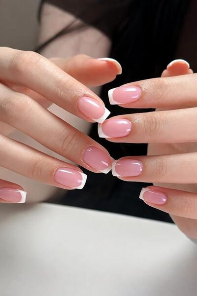 AZUREBEAUTY أظافر صناعية قصيرة مربعة الشكل، بتصميم فرنسي وردي، 32 قطعة بـ 16 ...