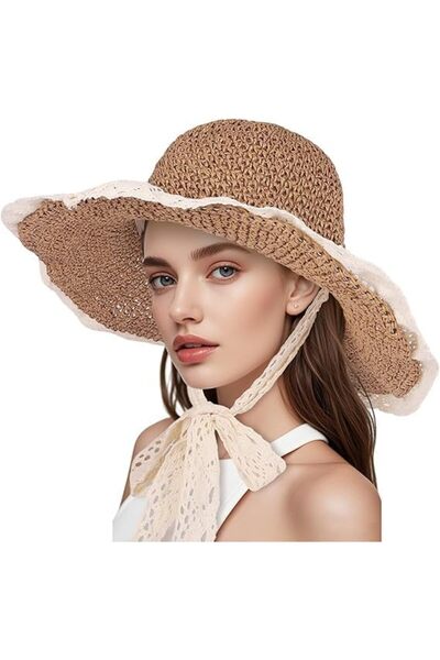 Generic Women Straw Hat with Lace Girl Summer Wide Brim Sun Hat Foldable Beac...
