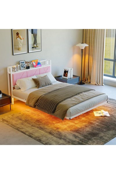 Generic Floating Double Bed Frame with Upholstered Headboard Storage, Pink