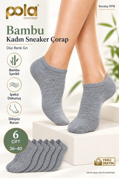 Pola Bambu Kadın Sneaker Çorap Düz Renk Gri 6'lı SET
