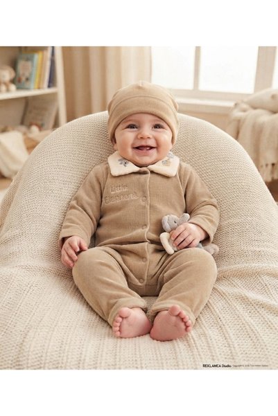 Genel Markalar Minik İncim Unisex Bebek Fil Nakışlı Kadife Tulum ve Şapka Takımı