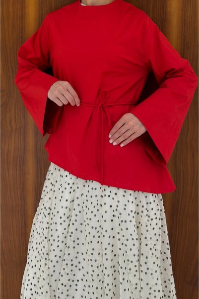 fayaboutique.com Kırmızı Poplin İnce Kemerli Asimetrik Eliane Bluz
